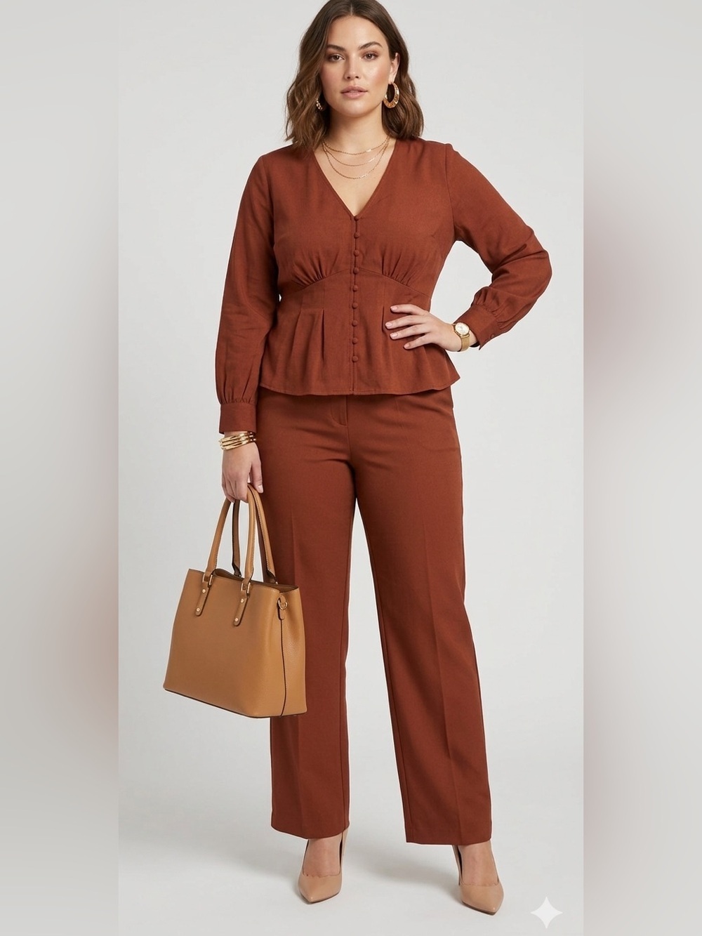 J.O.A Rust Brown Button Front Satin Peplum Blouse V-Neck Long Sleeve Ruched Top